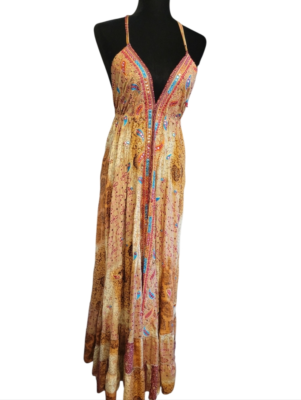 Boho Madrid Dress Backless Exotic Paisley Sparkles Ties & Tassles Flexible Fit - Picture 15 of 16